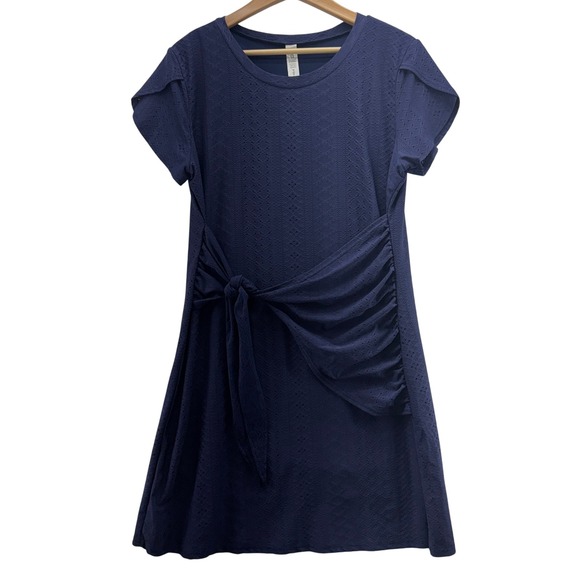Womens XL Navy Eyelet Tie Waist Casual Stretch Dress Textured Comfy - Picture 1 of 6